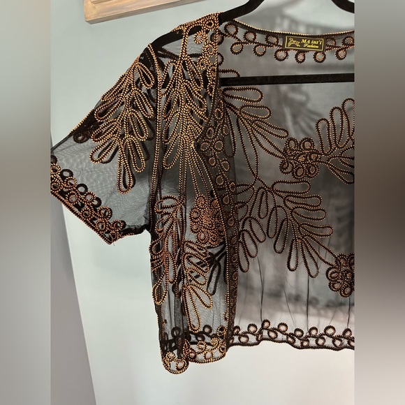 Sheer Open Front Special Occassion Cardigan with Gold/Black Embroidery - Picture 6 of 8